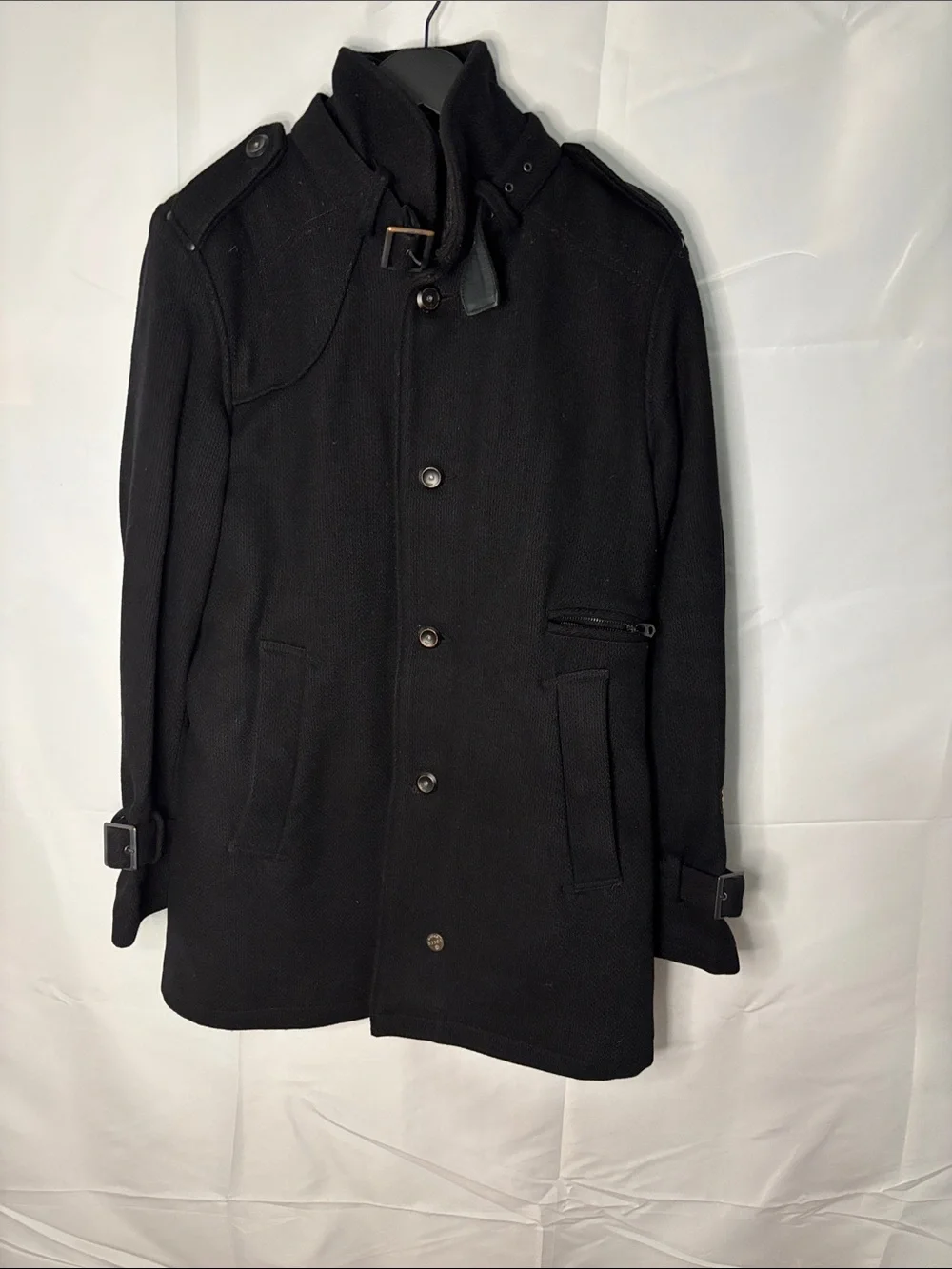 G-Star Black Trench Coat with Stand Collar & Buckle Accents